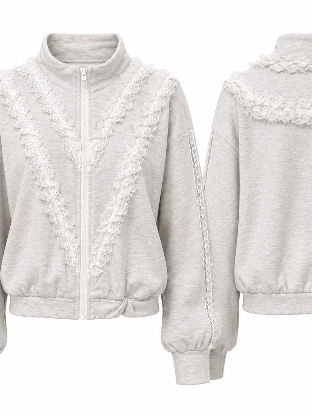 Anthropologie Daily Practice Lace Ruffle Zip Sweatshirt Jacket Gray Size Large